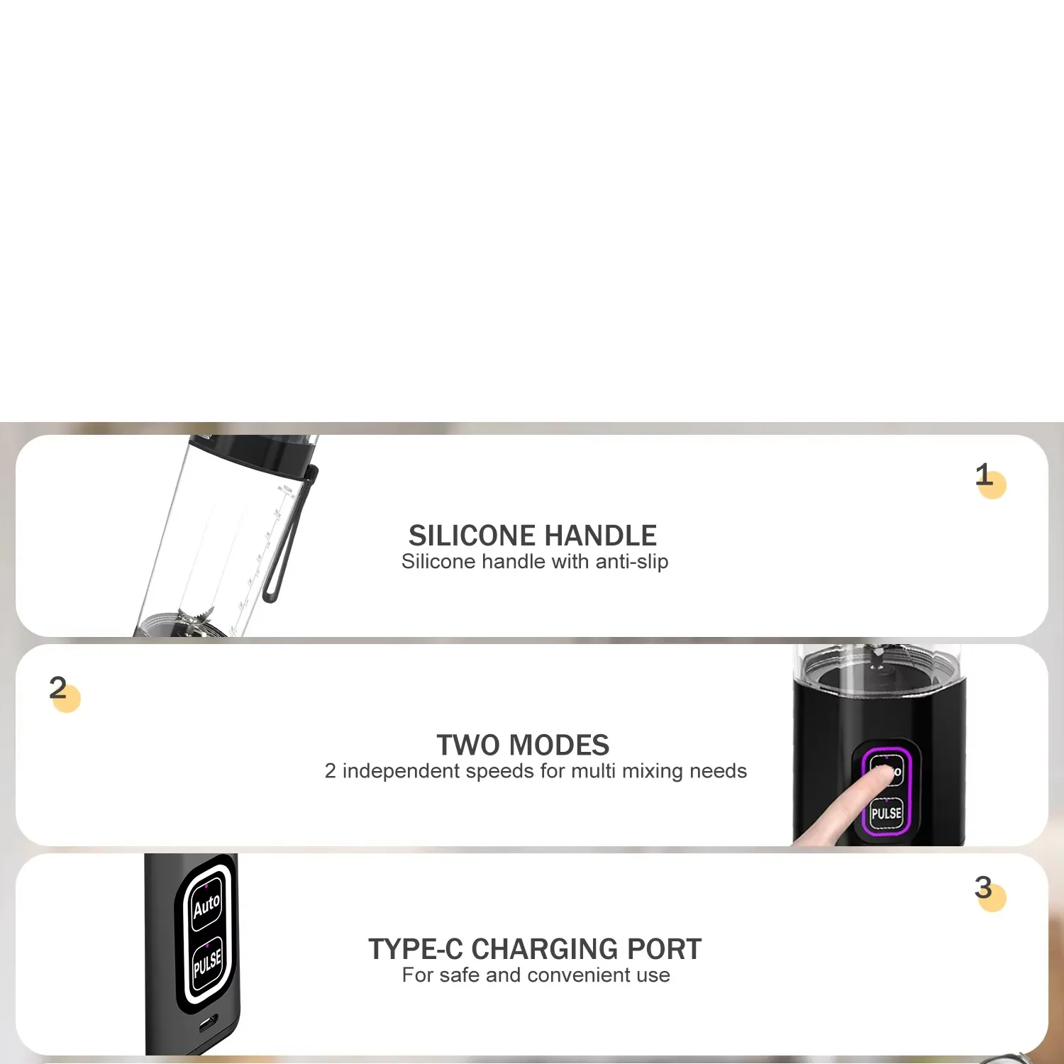 Close-ups of the silicone handle, Auto and Pulse buttons, and Type-C charging port