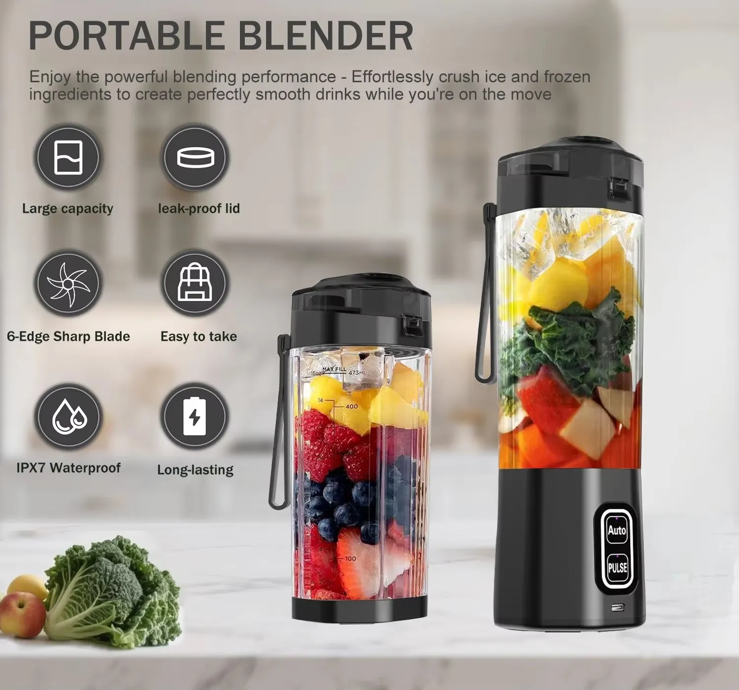 Both blender sizes side by side with feature callouts