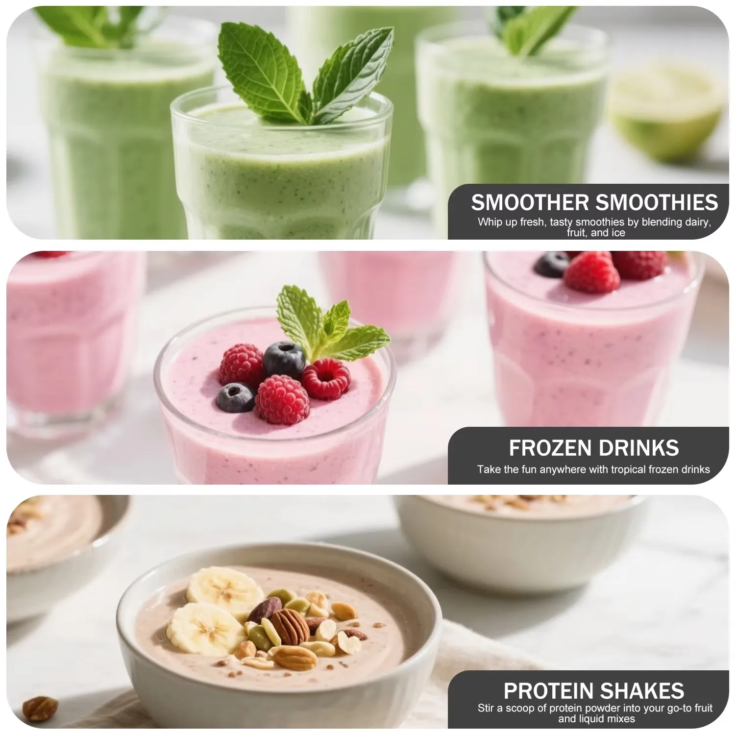 Smoothies, frozen drinks and protein shakes made with the blender