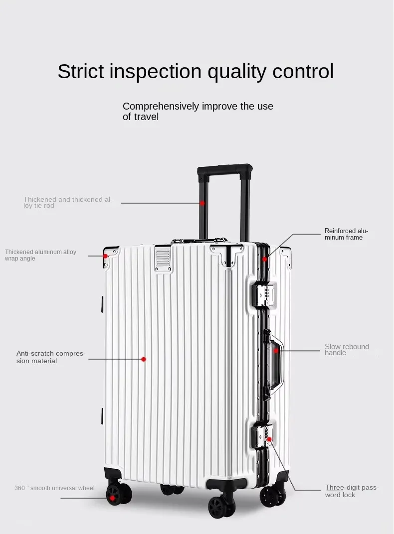 Carry-on construction detail — aluminum frame, corner guards and combination lock