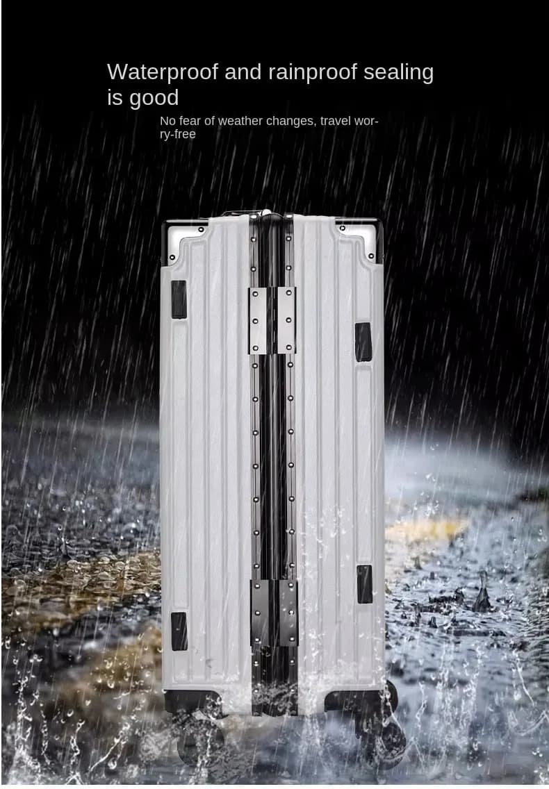 Sealed carry-on suitcase standing in heavy rain