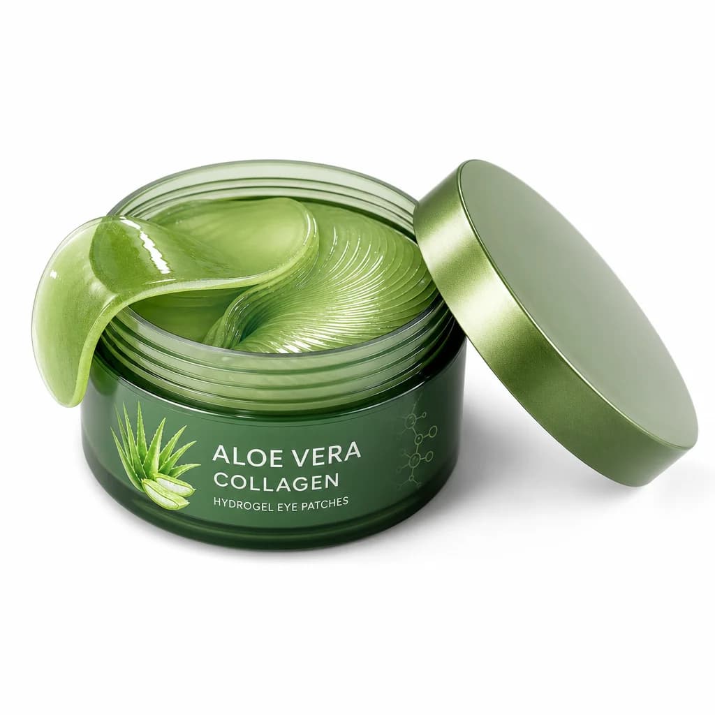 Open jar of aloe vera collagen eye mask showing stacked green gel patches and spatula