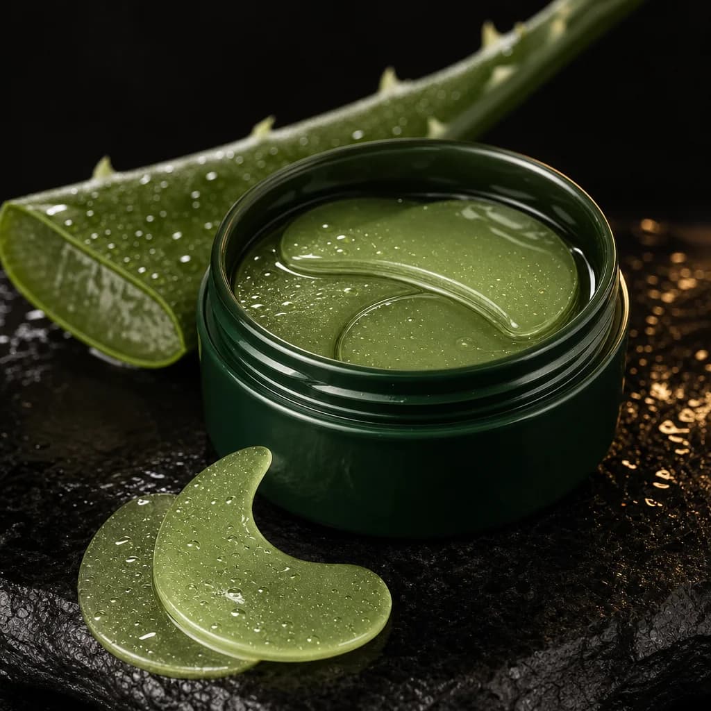 Aloe vera collagen eye mask jar with green gel patches and model wearing under-eye patches