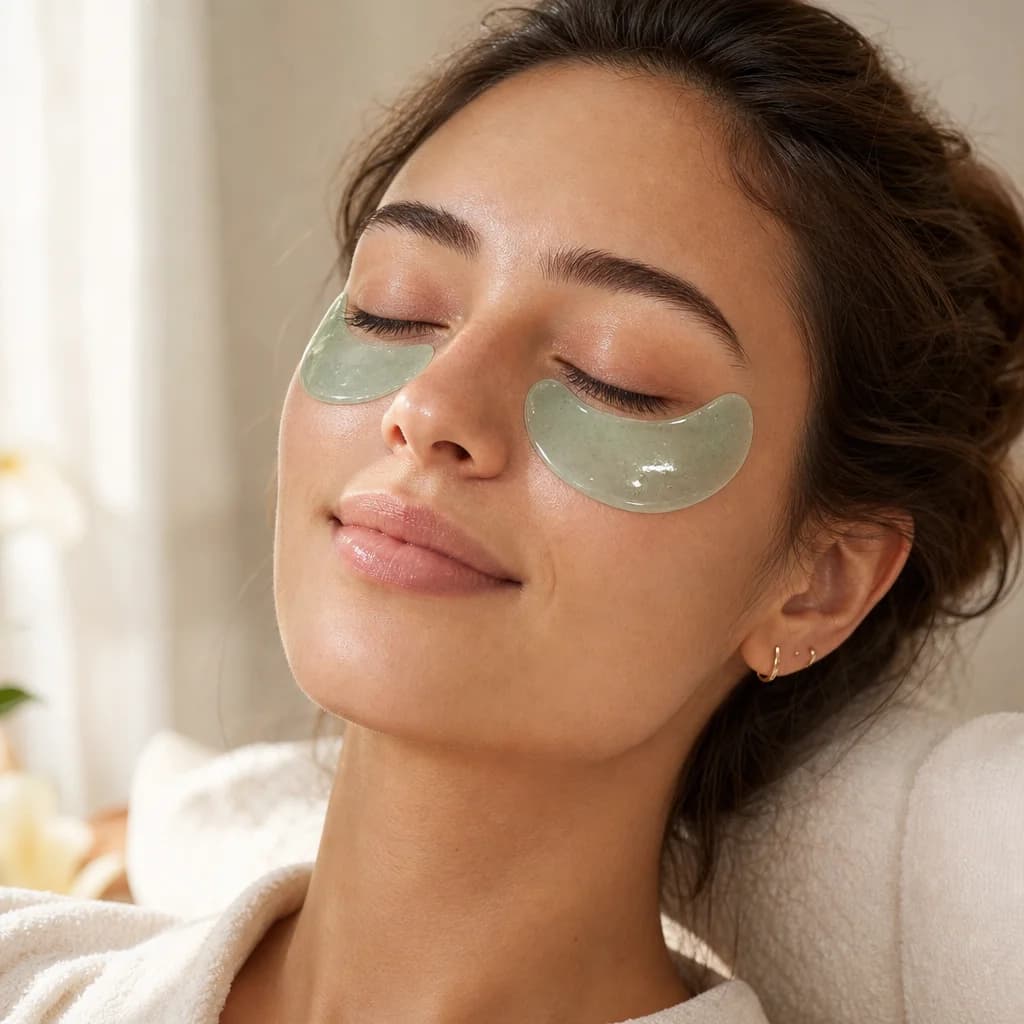 Close-up of cooling aloe collagen gel patches applied under closed eyes