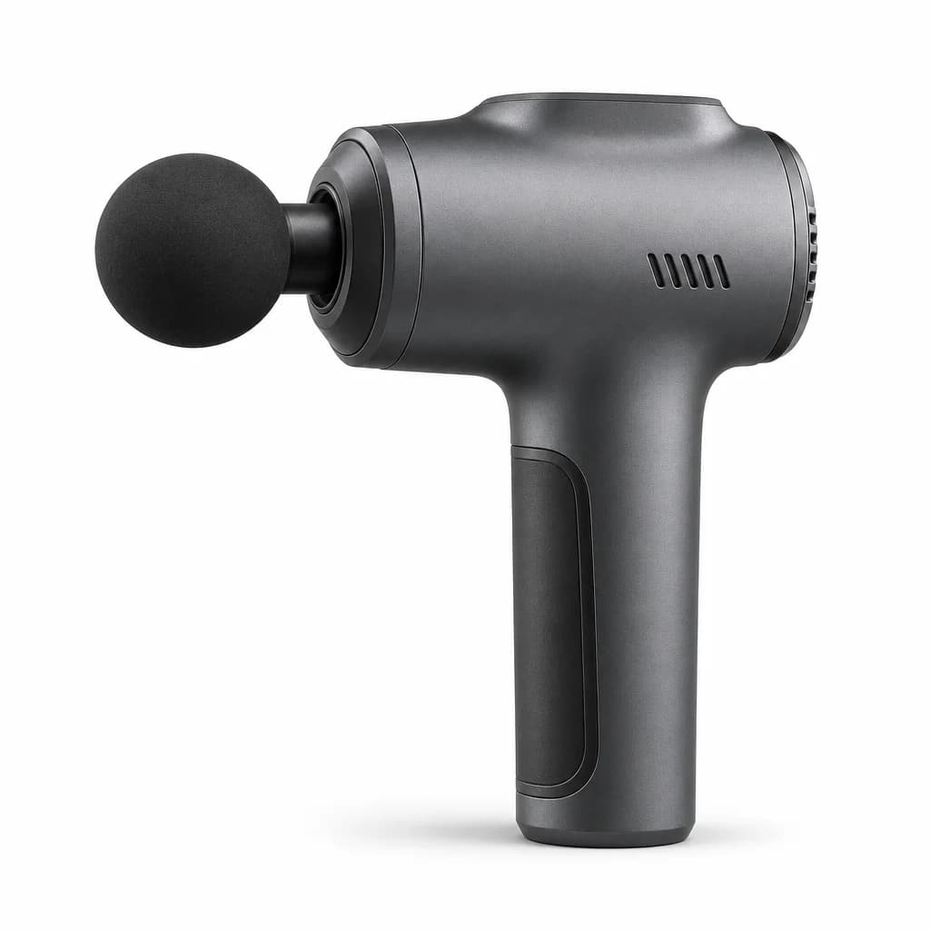 Compact gunmetal grey percussion massage gun with round black foam ball head