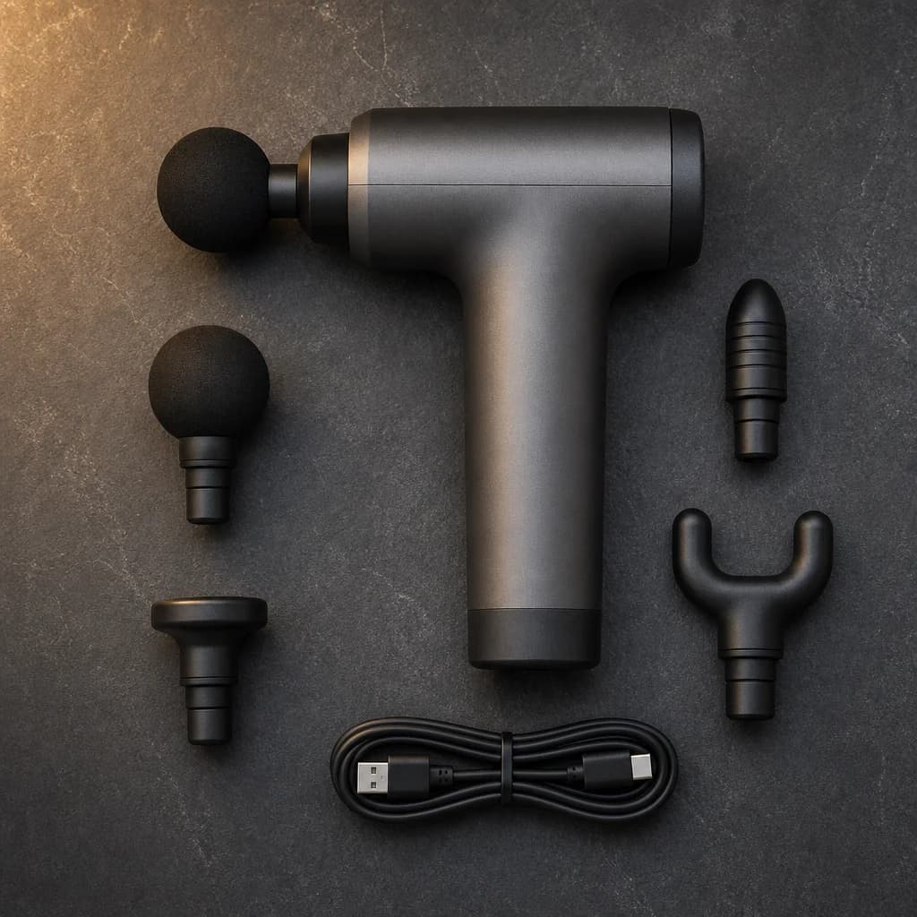 Massage gun kit laid out with four interchangeable heads and USB-C charging cable