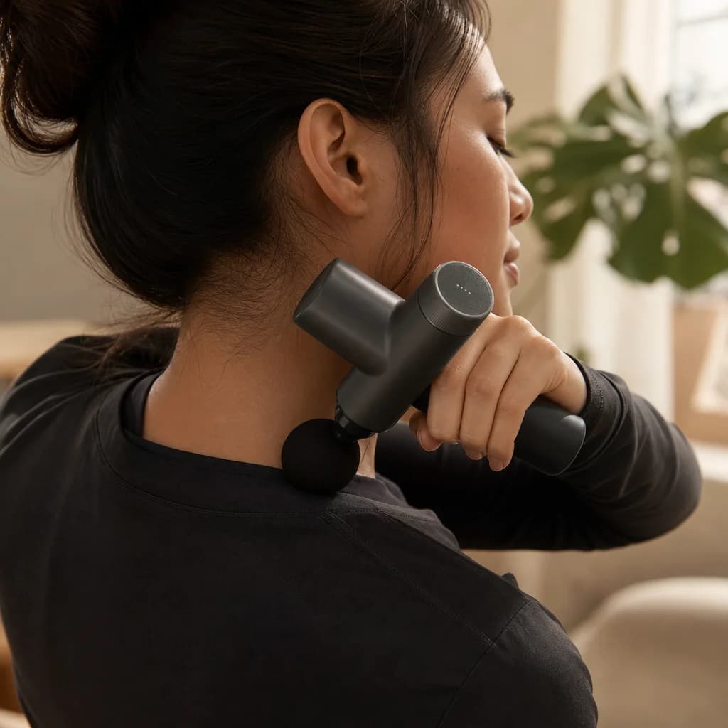Athlete using the massage gun on tired shoulder muscles after training