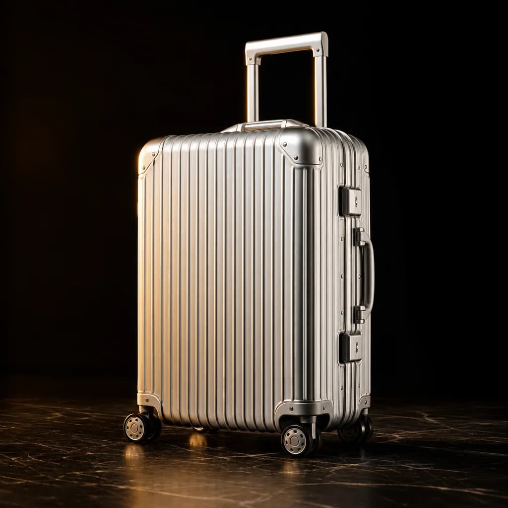 Aluminum-frame carry-on suitcase on dark stone with champagne-gold lighting