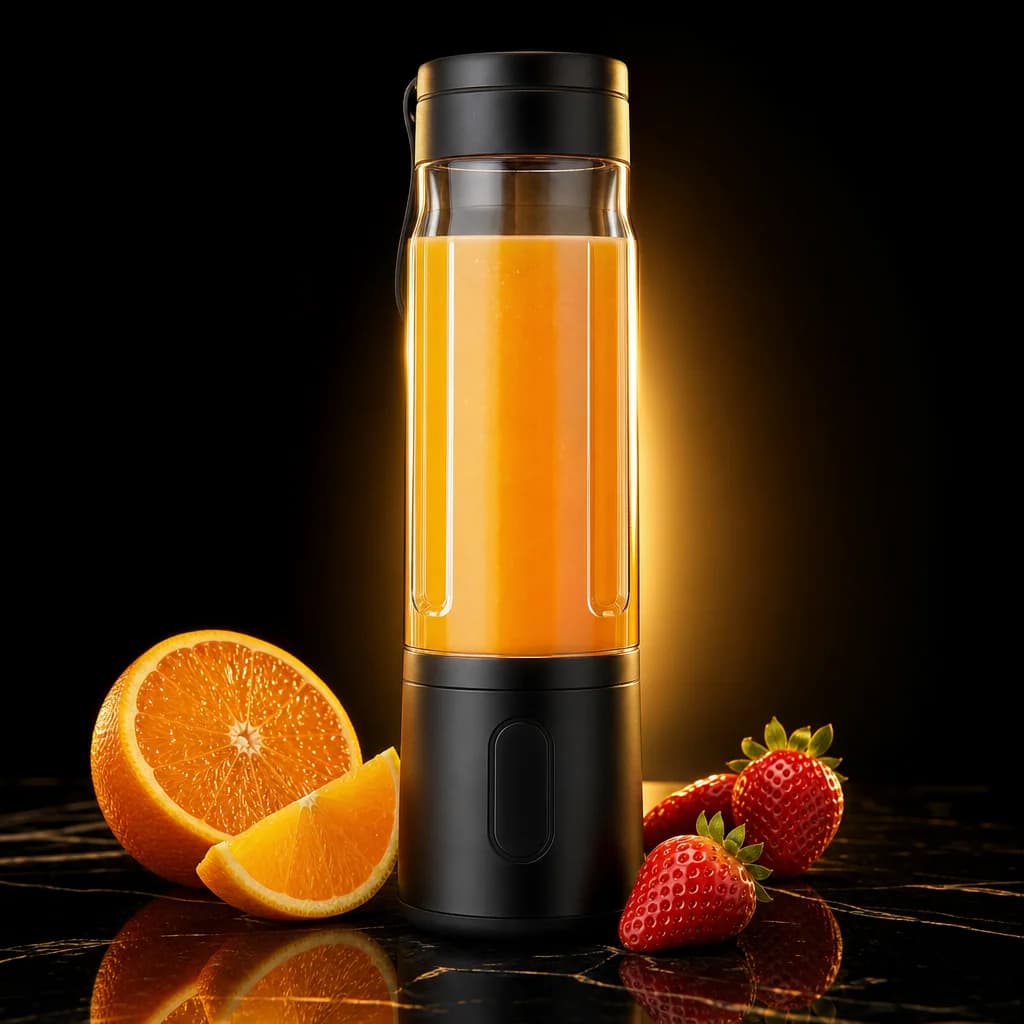 Portable blender filled with fresh orange juice in a dark studio with golden lighting